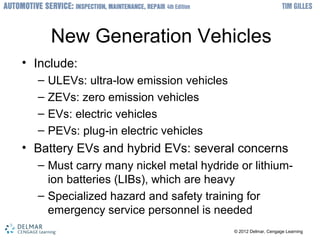 ? 2012 Delmar, Cengage Learning? 2012 Delmar, Cengage Learning
New Generation Vehicles
? Include:
C ULEVs: ultra-low emission vehicles
C ZEVs: zero emission vehicles
C EVs: electric vehicles
C PEVs: plug-in electric vehicles
? Battery EVs and hybrid EVs: several concerns
C Must carry many nickel metal hydride or lithium-
ion batteries (LIBs), which are heavy
C Specialized hazard and safety training for
emergency service personnel is needed
 