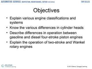 ? 2012 Delmar, Cengage Learning? 2012 Delmar, Cengage Learning
Objectives
? Explain various engine classifications and
systems
? Know the various differences in cylinder heads
? Describe differences in operation between
gasoline and diesel four-stroke piston engines
? Explain the operation of two-stroke and Wankel
rotary engines
 