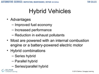 ? 2012 Delmar, Cengage Learning? 2012 Delmar, Cengage Learning
Hybrid Vehicles
? Advantages
C Improved fuel economy
C Increased performance
C Reduction in exhaust pollutants
? Most are powered with an internal combustion
engine or a battery-powered electric motor
? Hybrid combinations
C Series hybrid
C Parallel hybrid
C Series/parallel hybrid
 