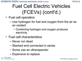 ? 2012 Delmar, Cengage Learning? 2012 Delmar, Cengage Learning
Fuel Cell Electric Vehicles
(FCEVs) (cont'd.)
? Fuel cell operation
C Use hydrogen for fuel and oxygen from the air as
an oxidant
? Combining hydrogen and oxygen produces
electricity
? Fuel cell characteristics
C Never run dead
C Stacked and connected in series
C Some use an ultracapacitor
C Expensive to replace
 