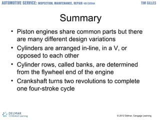 ? 2012 Delmar, Cengage Learning? 2012 Delmar, Cengage Learning
Summary
? Piston engines share common parts but there
are many different design variations
? Cylinders are arranged in-line, in a V, or
opposed to each other
? Cylinder rows, called banks, are determined
from the flywheel end of the engine
? Crankshaft turns two revolutions to complete
one four-stroke cycle
 
