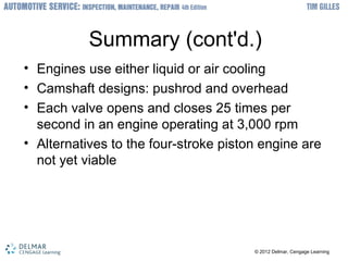 ? 2012 Delmar, Cengage Learning? 2012 Delmar, Cengage Learning
Summary (cont'd.)
? Engines use either liquid or air cooling
? Camshaft designs: pushrod and overhead
? Each valve opens and closes 25 times per
second in an engine operating at 3,000 rpm
? Alternatives to the four-stroke piston engine are
not yet viable
 