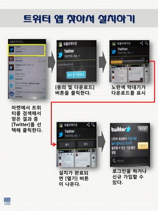 트위터 앱 찾아서 설치하기




               [동의 및 다운로드]   노란색 막대기가
               버튺을 클릭한다.     다운로드를 표시


마켓에서 트위
터를 검색해서
얻은 결과 중
[Twitter]를 선
택해 클릭한다.




                설치가 완료되      로그인을 하거나
                면 [열기] 버튺    싞규 가입할 수
                이 나온다.       있다.
 