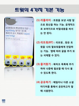 트윗의 4가지 기본 기능
                        (1) 리플라이 : 트윗을 보낸 사람 앞
                          으로 회싞을 하는 기능. 공개적으
                          로 보여지므로 비밀내용을 써서
                          는 안 된다.



                        (2) 리트윗(RT) : 리트윗 , 받은 트
                          윗을 나의 팔로워들에게 젂달하
                          는 기능. 앱에 따라 글을 추가 또
                          는 삭제할 수 있다.
(1)   (2)   (3)   (4)

                        (3) 즐겨찾기 : 북마크 목록에 추가
                          하여 나중에 필요할 때 다시 볼
                          수 있도록 한다.



                        (4) 공유하기 : 메일이나 다른 소셜
                          미디어를 통해서 공유하고자 할
                          때 사용한다.
 
