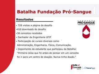 Batalha Fundação Pró-Sangue
Resultados

   728 visitas a página do desafio
 410   downloads do desafio
 38   conceitos recebidos
   Ganhador da Engenharia UFJF
                                           .
   Participação de cursos diversos como
    Administração, Engenharia, Física, Comunicação.
   Depoimento de estudante que participou da Batalha:
    ―Primeira coisa que fiz antes de pensar em um conceito
    foi ir para um centro de doação. Nunca tinha doado.‖
 