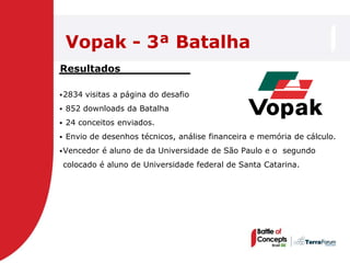 Vopak - 3ª Batalha
Resultados

 2834   visitas a página do desafio
   852 downloads da Batalha
   24 conceitos enviados.
   Envio de desenhos técnicos, análise financeira e memória de cálculo.
 Vencedor   é aluno de da Universidade de São Paulo e o segundo
    colocado é aluno de Universidade federal de Santa Catarina.
 