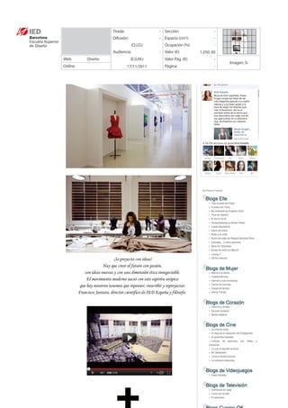 Tirada:                - Sección:                   -
                                                                                  	
  




                   Difusión:              - Espacio (cm2):             -
                               (O.J.D.)      Ocupación (%):            -
                   Audiencia:             - Valor (€):         1.250, 00   	
  




 Web      Diseño               (E.G.M.)      Valor Pág. (€):           -
                                                                           Imagen: Sí
 Online                      17/11/2011      Página:                   -




	
  
 