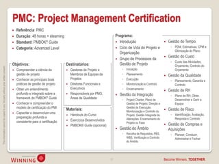 PMC: Project Management Certification
                                                                                       Referência: PMC
                                                                                       Duração: 48 horas + elearning                                       Programa:
                                                                                       Standard: PMBOK® Guide                                               Introdução                             Gestão do Tempo
                                                                                       Categoria: Advanced Level                                            Ciclo de Vida do Projeto e               ◦ PDM, Estimativas, CPM e
                                                                                                                                                                                                         Otimização do Plano
                                                                                                                                                              Organização
                                                                                                                                                                                                     Gestão do Custo
                                                                                                                                                             Grupo de Processos da
                                                                                                                                                                                                       ◦ Custo das Atividades,
                                                                                    Objetivos:                            Destinatários:                      Gestão de Projeto                          Orçamento, Controlo do
This information cannot be copied to any 3rd party without prior written consent.




                                                                                       Compreender a ciência da             Gestores de Projeto e              ◦   Iniciação                           Orçamento
                                                                                        gestão de projeto                     Membros de Equipas de              ◦   Planeamento                     Gestão da Qualidade
                                                                                       Conhecer as principais boas           Projetos                           ◦   Execução                          ◦ Planeamento, Garantia e
                                                                                        práticas de gestão de projeto        Diretores Funcionais e             ◦   Monitorização e Controlo            Controlo
                                                                                        Obter um entendimento                 Executivos                         ◦   Encerramento
                                                                                                                                                                                                    Gestão de RH
                                                                                        profundo e integrado sobre a         Responsáveis por PMO,            Gestão da Integração                   ◦ Plano de RH, Obter,
                                                                                        framework do PMBOK® Guide             Áreas da Qualidade                 ◦ Project Charter, Plano de             Desenvolver e Gerir a
                                                                                       Conhecer e compreender o                                                   Gestão de Projeto, Direção e          Equipa
                                                                                        modelo de certificação do PMI     Materiais:                               Gestão da Execução,
                                                                                                                                                                   Monitorização e Controlo do
                                                                                                                                                                                                     Gestão de Risco
                                                                                       Capacitar e desenvolver uma                                                                                    ◦ Identificação, Avaliação,
                                                                                                                           Handouts do Curso                      Projeto, Gestão Integrada de
                                                                                        preparação profunda e                                                      Alterações, Encerramento do           Resposta e Controlo
                                                                                                                           Exercícios Desenvolvidos
                                                                                        consistente para a certificação                                            Projeto ou Fase
                                                                                                                           PMBOK® Guide (opcional)                                                  Gestão de Compras e
                                                                                                                                                               Gestão do Âmbito                      Aquisições
                                                                                                                                                                 ◦ Recolha de Requisitos, PBS,         ◦ Planear, Conduzir,
                                                                                                                                                                   WBS, Verificação e Controlo           Administrar e Fechar
                                                                                                                                                                   do Âmbito




                                                                                                                                                       12                                         Become Winners, TOGETHER.
 