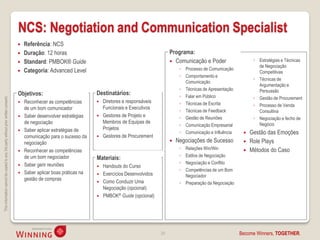 NCS: Negotiation and Communication Specialist
                                                                                       Referência: NCS
                                                                                       Duração: 12 horas                                                  Programa:
                                                                                       Standard: PMBOK® Guide                                              Comunicação e Poder                   ◦ Estratégias e Técnicas
                                                                                                                                                                                                     de Negociação
                                                                                       Categoria: Advanced Level                                               ◦ Processo de Comunicação
                                                                                                                                                                                                     Competitivas
                                                                                                                                                                ◦ Comportamento e
                                                                                                                                                                                                   ◦ Técnicas de
                                                                                                                                                                  Comunicação
                                                                                                                                                                                                     Argumentação e
                                                                                                                                                                ◦ Técnicas de Apresentação           Persuasão
                                                                                    Objetivos:                         Destinatários:                           ◦ Falar em Público                 ◦ Gestão de Procurement
This information cannot be copied to any 3rd party without prior written consent.




                                                                                     Reconhecer as competências          Diretores e responsáveis             ◦ Técnicas de Escrita              ◦ Processo de Venda
                                                                                      de um bom comunicador                Funcionais e Executivos
                                                                                                                                                                ◦ Técnicas de Feedback               Consultiva
                                                                                     Saber desenvolver estratégias       Gestores de Projeto e                ◦ Gestão de Reuniões               ◦ Negociação e fecho de
                                                                                      de negociação                        Membros de Equipas de                                                     Negócio
                                                                                                                                                                ◦ Comunicação Empresarial
                                                                                     Saber aplicar estratégias de         Projetos
                                                                                                                                                                ◦ Comunicação e Influência       Gestão das Emoções
                                                                                      comunicação para o sucesso da       Gestores de Procurement
                                                                                      negociação                                                              Negociações de Sucesso            Role Plays
                                                                                     Reconhecer as competências
                                                                                                                                                                ◦ Relações Win/Win               Métodos do Caso
                                                                                      de um bom negociador                                                      ◦ Estilos de Negociação
                                                                                                                       Materiais:
                                                                                     Saber gerir reuniões                                                      ◦ Negociação e Conflito
                                                                                                                        Handouts do Curso
                                                                                                                                                                ◦ Competências de um Bom
                                                                                     Saber aplicar boas práticas na    Exercícios Desenvolvidos                 Negociador
                                                                                      gestão de compras
                                                                                                                        Como Conduzir Uma                      ◦ Preparação da Negociação
                                                                                                                         Negociação (opcional)
                                                                                                                        PMBOK® Guide (opcional)




                                                                                                                                                      28                                     Become Winners, TOGETHER.
 