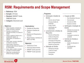 RSM: Requirements and Scope Management
                                                                                       Referência: RSM
                                                                                       Duração: 24 horas                                                         Programa:
                                                                                       Standard: BABOK® Guide,                                                    Introdução à Gestão de                Criação da WBS
                                                                                        PMBOK® Guide                                                                Âmbito                                  ◦   Work Breakdown Structure
                                                                                                                                                                       ◦ Ciclo de vida do Projeto           ◦   Decomposição
                                                                                       Categoria: Advanced Level
                                                                                                                                                                       ◦ Processo Gestão da                 ◦   Dicionário da WBS
                                                                                                                                                                         Integração                         ◦   Baseline do âmbito
                                                                                                                                                                       ◦ Project Charter
                                                                                    Objetivos:                                                                                                             Verificação e Avaliação do
This information cannot be copied to any 3rd party without prior written consent.




                                                                                                                               Destinatários:                                                          
                                                                                                                                                                       ◦ Identificação dos
                                                                                       Saber enquadrar a disciplina da         Analistas de Requisitos                 Stakeholders
                                                                                                                                                                                                           Âmbito
                                                                                        gestão de âmbito e requisitos
                                                                                                                                Diretores e Gestores de                                                    ◦ Definição do processo de
                                                                                       Entender a importância de                                                    Levantamento e Análise de               verificação do âmbito
                                                                                        definição de âmbito no sucesso do        Projeto
                                                                                                                                                                      Requisitos                            ◦ Inspeção
                                                                                        projeto                                 Membros do Planeamento e
                                                                                        Alinhar a gestão do âmbito com o                                               ◦   Recolha de Requisitos            ◦ Verificação e controlo da
                                                                                                                                Controlo
                                                                                        problema de negócio, os                                                        ◦   Análise de Requisitos              qualidade
                                                                                        stakeholders, os requisitos e a         Responsáveis e membros do
                                                                                                                                                                       ◦   Matriz da Qualidade            Controlo de Versões e
                                                                                        solução                                  BAO e do PMO
                                                                                                                                                                       ◦   Priorização de Requisitos       Alterações
                                                                                       Saber captar, levantar e identificar
                                                                                        e analisar os requisitos                                                       ◦   Matriz de Rastreabilidade        ◦ Gestão de alterações do
                                                                                                                               Materiais:
                                                                                       Saber facilitar e desenhar a                                                   ◦   Baseline de Requisitos             âmbito
                                                                                        solução de alto nível que responde        Handouts do Curso
                                                                                        às necessidades
                                                                                                                                                                     Definição do Âmbito                   ◦ Formalização das
                                                                                                                                  Exercícios Desenvolvidos                                                   alterações
                                                                                       Saber validar e avaliar a solução                                              ◦   Definição da Solução
                                                                                                                                  BABOK® Guide (opcional)
                                                                                        ao longo e no final do projeto                                                 ◦   Limites do Projeto
                                                                                       Saber gerir as alterações de              PMBOK® Guide (opcional)             ◦   Pressupostos
                                                                                        âmbito ao longo do projeto
                                                                                                                                                                       ◦   Restrições




                                                                                                                                                              9                                        Become Winners, TOGETHER.
 