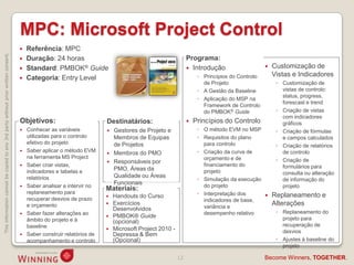 MPC: Microsoft Project Control
                                                                                       Referência: MPC
This information cannot be copied to any 3rd party without prior written consent.




                                                                                       Duração: 24 horas                                                 Programa:
                                                                                       Standard: PMBOK® Guide                                             Introdução                       Customização de
                                                                                                                                                               ◦ Princípios do Controlo       Vistas e Indicadores
                                                                                       Categoria: Entry Level
                                                                                                                                                                 de Projeto                    ◦ Customização de
                                                                                                                                                               ◦ A Gestão da Baseline            vistas de controlo:
                                                                                                                                                                                                 status, progress,
                                                                                                                                                               ◦ Aplicação do MSP na
                                                                                                                                                                                                 forescast e trend
                                                                                                                                                                 Framework de Controlo
                                                                                                                                                                 do PMBOK® Guide               ◦ Criação de vistas
                                                                                                                                                                                                 com indicadores
                                                                                    Objetivos:                          Destinatários:                       Princípios do Controlo             gráficos
                                                                                       Conhecer as variáveis              Gestores de Projeto e              ◦ O método EVM no MSP           ◦ Criação de fórmulas
                                                                                        utilizadas para o controlo          Membros de Equipas                 ◦ Requisitos do plano             e campos calculados
                                                                                        efetivo do projeto                                                       para controlo
                                                                                                                            de Projetos                                                        ◦ Criação de relatórios
                                                                                       Saber aplicar o método EVM         Membros do PMO                     ◦ Criação da curva de             de controlo
                                                                                        na ferramenta MS Project                                                 orçamento e de
                                                                                                                           Responsáveis por                                                   ◦ Criação de
                                                                                       Saber criar vistas,                                                      financiamento do                formulários para
                                                                                        indicadores e tabelas e             PMO, Áreas da                        projeto                         consulta ou alteração
                                                                                                                            Qualidade ou Áreas
                                                                                        relatórios                                                             ◦ Simulação da execução           de informação do
                                                                                                                            Funcionais                           do projeto
                                                                                       Saber analisar e intervir no                                                                             projeto
                                                                                                                        Materiais:
                                                                                        replaneamento para
                                                                                                                         Handouts do Curso                    ◦ Interpretação dos           Replaneamento e
                                                                                        recuperar desvios de prazo                                               indicadores de base,
                                                                                        e orçamento                      Exercícios
                                                                                                                                                                 variância e
                                                                                                                                                                                              Alterações
                                                                                                                          Desenvolvidos
                                                                                       Saber fazer alterações ao                                                desempenho relativo           ◦ Replaneamento do
                                                                                                                         PMBOK® Guide
                                                                                        âmbito do projeto e à                                                                                    projeto para
                                                                                                                          (opcional)
                                                                                        baseline                                                                                                 recuperação de
                                                                                                                         Microsoft Project 2010 -
                                                                                                                                                                                                 desvios
                                                                                       Saber construir relatórios de     Depressa & Bem
                                                                                        acompanhamento e controlo         (Opcional)                                                           ◦ Ajustes à baseline do
                                                                                                                                                                                                 projeto

                                                                                                                                                     12                                   Become Winners, TOGETHER.
 