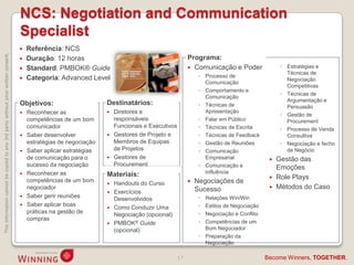NCS: Negotiation and Communication
                                                                                    Specialist
                                                                                       Referência: NCS
This information cannot be copied to any 3rd party without prior written consent.




                                                                                       Duração: 12 horas                                            Programa:
                                                                                       Standard: PMBOK® Guide                                        Comunicação e Poder                ◦ Estratégias e
                                                                                                                                                                                            Técnicas de
                                                                                       Categoria: Advanced Level                                         ◦ Processo de
                                                                                                                                                                                            Negociação
                                                                                                                                                            Comunicação
                                                                                                                                                                                            Competitivas
                                                                                                                                                          ◦ Comportamento e
                                                                                                                                                                                          ◦ Técnicas de
                                                                                                                                                            Comunicação
                                                                                                                                                                                            Argumentação e
                                                                                    Objetivos:                    Destinatários:                          ◦ Técnicas de                     Persuasão
                                                                                     Reconhecer as                  Diretores e                           Apresentação
                                                                                                                                                                                          ◦ Gestão de
                                                                                      competências de um bom          responsáveis                        ◦ Falar em Público                Procurement
                                                                                      comunicador                     Funcionais e Executivos             ◦ Técnicas de Escrita           ◦ Processo de Venda
                                                                                     Saber desenvolver              Gestores de Projeto e               ◦ Técnicas de Feedback            Consultiva
                                                                                      estratégias de negociação       Membros de Equipas                  ◦ Gestão de Reuniões            ◦ Negociação e fecho
                                                                                     Saber aplicar estratégias       de Projetos                         ◦ Comunicação                     de Negócio
                                                                                      de comunicação para o          Gestores de                           Empresarial                 Gestão das
                                                                                      sucesso da negociação           Procurement                         ◦ Comunicação e                Emoções
                                                                                     Reconhecer as                                                         Influência
                                                                                                                  Materiais:                                                            Role Plays
                                                                                      competências de um bom                                            Negociações de
                                                                                                                     Handouts do Curso
                                                                                      negociador                                                         Sucesso                        Métodos do Caso
                                                                                                                     Exercícios
                                                                                     Saber gerir reuniões                                                ◦ Relações Win/Win
                                                                                                                      Desenvolvidos
                                                                                     Saber aplicar boas                                                  ◦ Estilos de Negociação
                                                                                                                     Como Conduzir Uma
                                                                                      práticas na gestão de                                               ◦ Negociação e Conflito
                                                                                                                      Negociação (opcional)
                                                                                      compras
                                                                                                                     PMBOK® Guide                        ◦ Competências de um
                                                                                                                      (opcional)                            Bom Negociador
                                                                                                                                                          ◦ Preparação da
                                                                                                                                                            Negociação

                                                                                                                                                17                                  Become Winners, TOGETHER.
 