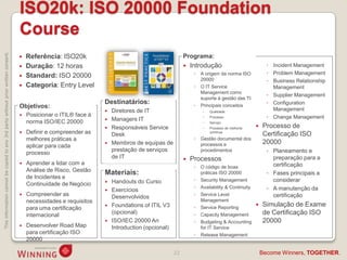 ISO20k: ISO 20000 Foundation
                                                                                    Course
This information cannot be copied to any 3rd party without prior written consent.




                                                                                       Referência: ISO20k                                             Programa:
                                                                                       Duração: 12 horas                                                 Introdução                             ◦ Incident Management
                                                                                                                                                            ◦   A origem da norma ISO             ◦ Problem Management
                                                                                       Standard: ISO 20000
                                                                                                                                                                20000                             ◦ Business Relationship
                                                                                       Categoria: Entry Level                                              ◦   O IT Service                        Management
                                                                                                                                                                Management como
                                                                                                                                                                                                  ◦ Supplier Management
                                                                                                                                                                suporte à gestão das TI
                                                                                                                    Destinatários:                          ◦   Principais conceitos
                                                                                                                                                                                                  ◦ Configuration
                                                                                    Objetivos:                                                                                                      Management
                                                                                                                       Diretores de IT                             Qualidade
                                                                                       Posicionar o ITIL® face à                                                   Processo                     ◦ Change Management
                                                                                        norma ISO/IEC 20000            Managers IT                                 Serviço
                                                                                                                       Responsáveis Service                        Processo de melhoria      Processo de
                                                                                       Definir e compreender as        Desk
                                                                                                                                                                     contínua
                                                                                                                                                                                                Certificação ISO
                                                                                        melhores práticas a                                                 ◦   Gestão documental dos
                                                                                                                       Membros de equipas de                   processos e                     20000
                                                                                        aplicar para cada
                                                                                        processo
                                                                                                                        prestação de serviços                   procedimentos                     ◦ Planeamento e
                                                                                                                        de IT                             Processos                                preparação para a
                                                                                       Aprender a lidar com a                                                                                      certificação
                                                                                                                                                            ◦   O código de boas
                                                                                        Análise de Risco, Gestão    Materiais:                                  práticas ISO 20000                ◦ Fases principais a
                                                                                        de Incidentes e                                                     ◦
                                                                                                                       Handouts do Curso                       Security Management                 considerar
                                                                                        Continuidade de Negócio
                                                                                                                                                            ◦   Availability & Continuity         ◦ A manutenção da
                                                                                                                       Exercícios
                                                                                       Compreender as                                                      ◦   Service Level                       certificação
                                                                                                                        Desenvolvidos
                                                                                        necessidades e requisitos                                               Management
                                                                                                                       Foundations of ITIL V3              ◦   Service Reporting
                                                                                                                                                                                               Simulação de Exame
                                                                                        para uma certificação
                                                                                        internacional                   (opcional)                          ◦   Capacity Management             de Certificação ISO
                                                                                                                       ISO/IEC 20000 An                    ◦   Budgeting & Accounting          20000
                                                                                       Desenvolver Road Map            Introduction (opcional)                 for IT Service
                                                                                        para certificação ISO                                               ◦   Release Management
                                                                                        20000

                                                                                                                                                  22                                            Become Winners, TOGETHER.
 