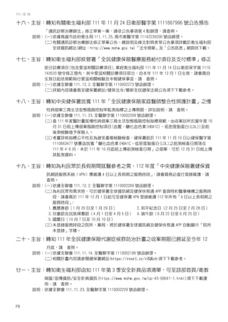 111.12.10
十六、主旨：轉知有關衛生福利部 111 年 11 月 24 日衛部醫字第 1111667996 號公告預告
「通訊診察治療辦法」修正草案一案，請依公告事項第 4 點辦理，請查照。
說明：(一)依據高雄市政府衛生局 111.11.25.高市衛醫字第 11142239200 號函辦理。
(二)有關通訊診察治療辦法修正草案公告、總說明及條文對照表等公告事項詳載於衛生福利部
全球資訊網站(網址：http://www.mohw.gov.tw)「法令規章」及「公告訊息」網頁供下載。
十七、主旨：轉知衛生福利部疾管署「全民健康保險醫療服務給付項目及支付標準」修正
部分診療項目(包含愛滋相關診療項目),業經衛生福利部 111 年 11 月 14 日以衛部保字第 1110
143520 號令修正發布，其中愛滋相關診療項目部分，自本年 111 年 12 月 1 日生效，請會員自
生效日起依規範執行愛滋相關檢驗及申報健保事宜，請 查照。
說明：(一)依據全聯會 111.12.2.全醫聯字第 1110002273 號函辦理。
(二)詳細內容請會員至健保署網站/健保法令/最新全民健保法規公告項下下載參考。
十八、主旨：轉知中央健保署放寬 111 年「全民健康保險家庭醫師整合性照護計畫」之慢
性病個案三高生活型態風險控制率監測指標之上傳期限，詳如說明，請 查照。
說明：(一)依據全聯會 111.11.23.全醫聯字第 1110002209 號函辦理。
(二)查 111 年家醫計畫就慢性病個案三高生活型態風險控制指標規範，由收案診所於當年度 10
月 31 日前上傳個案風險控制項目(血壓、醣化血色素(HBA1C)、低密度脂蛋白(LDL))及前
後測檢驗值予保險人。
(三)考量評核指標公平性及為避免重複檢驗檢查，健保署前於 111 年 11 月 10 日以健保醫字第
1110663477 號書函放寬「醣化血色素(HBA1C、低密度脂蛋白(LDL)之前測檢查日期落在
111 年 4-6 月，未於 111 年 10 月底前上傳前測檢查日期」之個案，可於 12 月 31 日前上傳
其監測資料。
十九、主旨：轉知為利民眾於長假期間就醫參考之需，112 年度「中央健康保險署健保資
訊網路服務系統（VPN）應維護 4 日以上長假期之服務時段」
，請會員務必進行登錄維護，請
查照。
說明：(一)依據全聯會 111.12.2.全醫聯字第 1110002269 號函辦理。
(二)為利民眾有需求時，可於健保署全球資訊網及健保快易通 APP 查詢特約醫事機構之服務時
段，請會員於 111 年 12 月 1 日起可至健保署 VPN 登錄維護 112 年所有「4 日以上長假期之
服務時段」
：
1.農曆春節（1 月 20 日至 1 月 29 日） 2.和平紀念日〈2 月 25 日至 2 月 28 日）
3.兒童節及民族掃墓節（4 月 1 日至 4 月 5 日） 4.端午節（6 月 22 日至 6 月 25 日）
5.國慶日（10 月 7 日至 10 月 10 日）
(三)未登錄服務時段之院所、藥局，將於健保署全球資訊網及健保快易通 APP 自動顯示「院所
未登錄」字樣。
二十、主旨：轉知 111 年全民健康保險代謝症候群防治計畫之收案期限已展延至今年 12
月底，請 查照。
說明：(一)依據全聯會 111.11.14.全醫聯字第 1110002186 號函辦理。
(二)相關計畫內容請參閱健保署網站 https://reurl.cc/rZQKeb 項下下載參考。
廿一、主旨：轉知衛生福利部函知 111 年第 3 季安全針具品項清單，可至該部首頁/衛教
視窗/宣傳資訊/安全針具資訊(https://www.mohw.gov.tw/cp-43-68041-1.html)項下下載運
用，請 查照。
說明：依據全聯會 111.11.23.全醫聯字第 1110002229 號函辦理。
P8
 