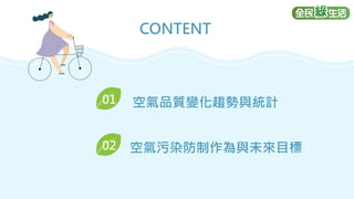 2
2
CONTENT
01 空氣品質變化趨勢與統計
02 空氣污染防制作為與未來目標
 