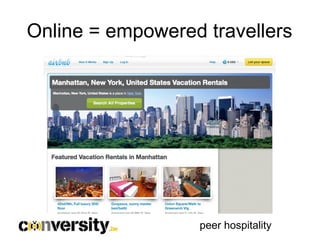 Online = empowered travellers




                  peer hospitality
 