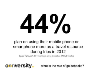 44%
plan on using their mobile phone or
smartphone more as a travel resource
         during trips in 2012
  Source: TripAdvisor's 2011 travel trends survey of more than 2,700 US travellers




                                  what is the role of guidebooks?
 