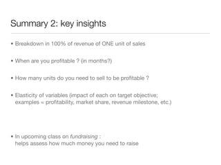 Summary 2: key insights

• Breakdown in 100% of revenue of ONE unit of sales


• When are you proﬁtable ? (in months?)


• How many units do you need to sell to be proﬁtable ?


• Elasticity of variables (impact of each on target objective;
  examples = proﬁtability, market share, revenue milestone, etc.)




• In upcoming class on fundraising :
  helps assess how much money you need to raise
 