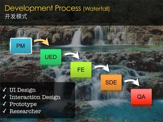 Development Process (Waterfall)
开发模式




      PM
                UED

                         FE

                              SDE
✓   UI Design
✓   Interaction Design              QA
✓   Prototype
✓   Researcher
 