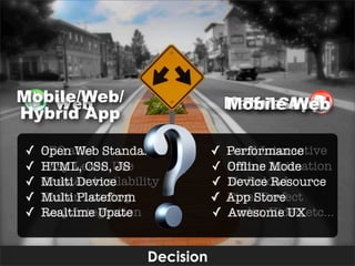Mobile/Web/
   Web                              Native App
                                    Mobile Web
                                     FLASH
Hybrid App

✓   SEO able Standard
    Open Web                    ✓   Good Interactive
                                    Performance
✓   Easy Learn Use
    HTML, CSS, JS               ✓   Ofﬂine Animation
                                    Better Mode
✓   Greater Availability
    Multi Device                ✓   No Reload
                                    Device Resource
✓   Faster Loading
    Multi Plateform             ✓   Pixel Perfect
                                    App Store
✓   Easy Integration
    Realtime Upate              ✓   Audio, Video etc...
                                    Awesome UX


                     Decision
 