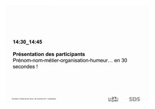 14:30_14:45

 Présentation des participants
 Prénom-nom-métier-organisation-humeur… en 30
 secondes !




Simulation Transfo Ile-de-France / 28 novembre 2011 / présentation
 
