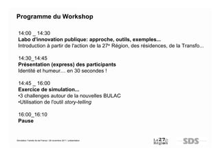 Programme du Workshop

 14:00 _ 14:30
 Labo d'innovation publique: approche, outils, exemples...
 Introduction à partir de l'action de la 27e Région, des résidences, de la Transfo...

 14:30_14:45
 Présentation (express) des participants
 Identité et humeur… en 30 secondes !

 14:45 _ 16:00
 Exercice de simulation...
 •3 challenges autour de la nouvelles BULAC
 •Utilisation de l'outil story-telling

 16:00_16:10
 Pause


Simulation Transfo Ile-de-France / 28 novembre 2011 / présentation
 