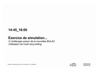 14:45_16:00

 Exercice de simulation...
 •3 challenges autour de la nouvelles BULAC
 •Utilisation de l'outil story-telling




Simulation Transfo Ile-de-France / 28 novembre 2011 / présentation
 