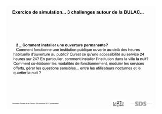 Exercice de simulation... 3 challenges autour de la BULAC...




   2 _ Comment installer une ouverture permanente?
   Comment fonctionne une institution publique ouverte au-delà des heures
 habituelle d'ouverture au public? Qu'est ce qu'une accessibilité au service 24
 heures sur 24? En particulier, comment installer l'institution dans la ville la nuit?
 Comment co-élaborer les modalités de fonctionnement, moduler les services
 offerts, gérer les questions sensibles... entre les utilisateurs nocturnes et le
 quartier la nuit ?




Simulation Transfo Ile-de-France / 28 novembre 2011 / présentation
 