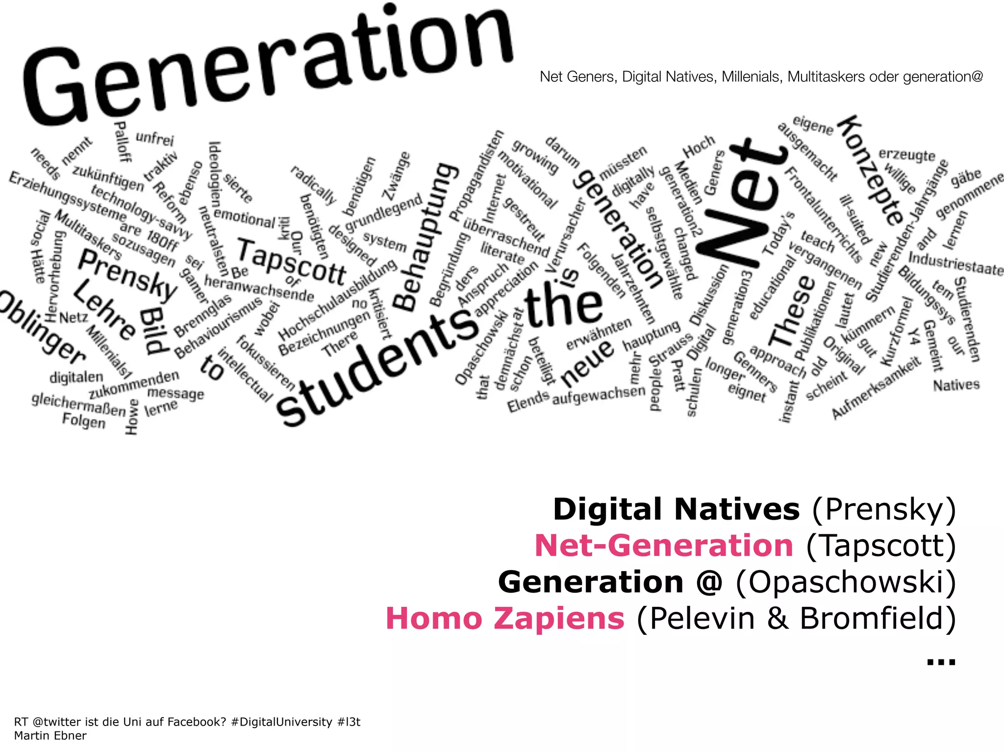 Net Geners, Digital Natives, Millenials, Multitaskers oder generation@




                                                                        Digital Natives (Prensky)
                                                                       Net-Generation (Tapscott)
                                                                     Generation @ (Opaschowski)
                                                                Homo Zapiens (Pelevin & Bromfield)
                                                                                                ...

RT @twitter ist die Uni auf Facebook? #DigitalUniversity #l3t
Martin Ebner
 