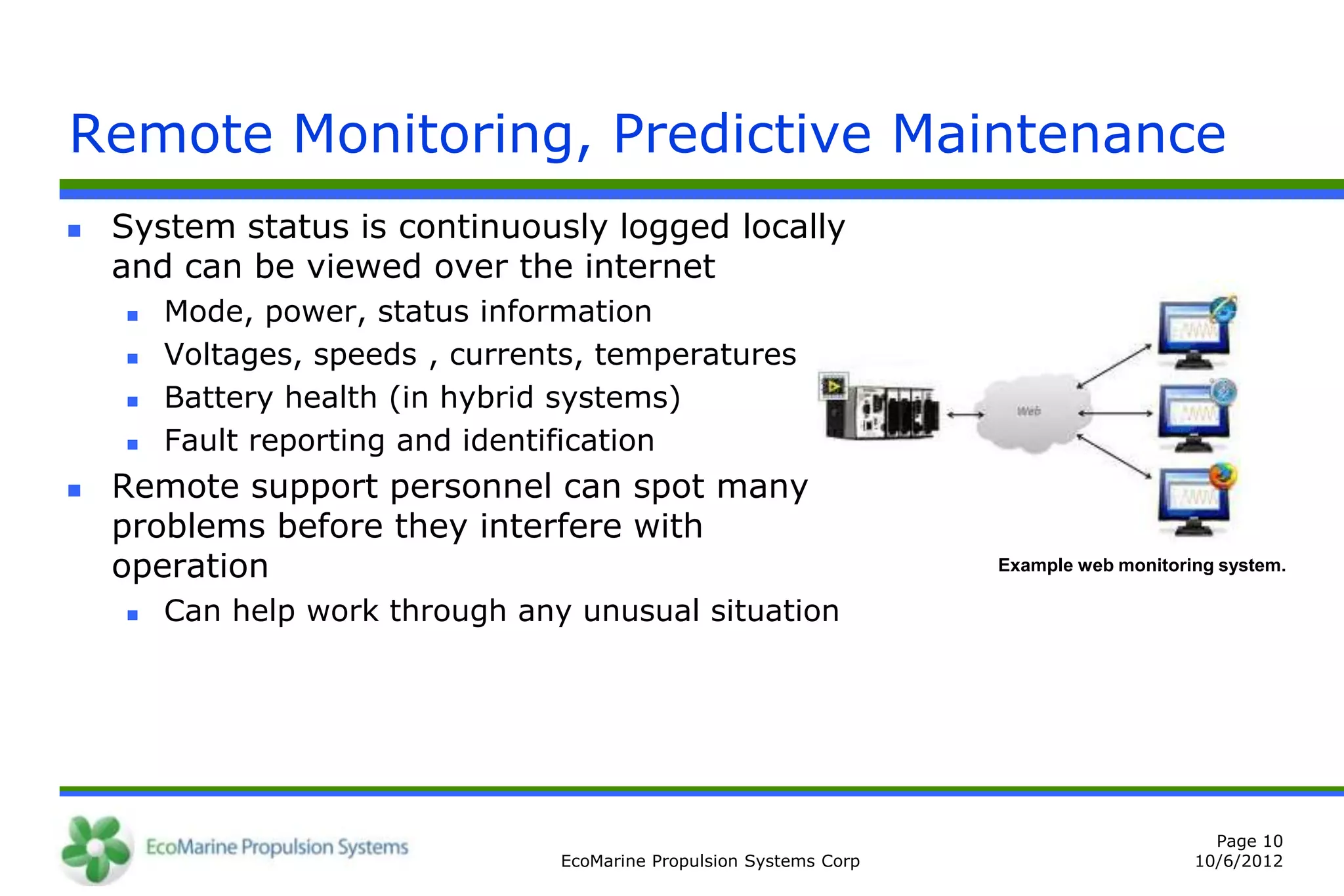 Remote Monitoring, Predictive Maintenance
   System status is continuously logged locally
    and can be viewed over the internet
       Mode, power, status information
       Voltages, speeds , currents, temperatures
       Battery health (in hybrid systems)
       Fault reporting and identification
   Remote support personnel can spot many
    problems before they interfere with
    operation                                                        Example web monitoring system.

       Can help work through any unusual situation




                                                                                           Page 10
                                 EcoMarine Propulsion Systems Corp                       10/6/2012
 