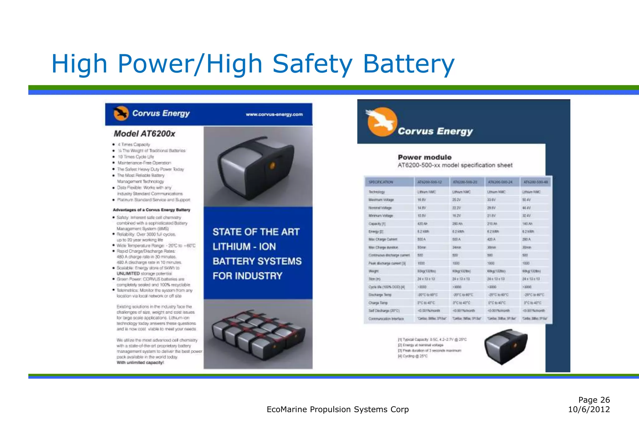 High Power/High Safety Battery




                                                      Page 26
                EcoMarine Propulsion Systems Corp   10/6/2012
 