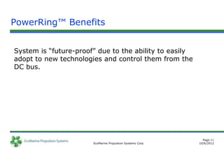 PowerRing™ Benefits


System is “future-proof” due to the ability to easily
adopt to new technologies and control them from the
DC bus.




                                                             Page 11
                       EcoMarine Propulsion Systems Corp   10/6/2012
 
