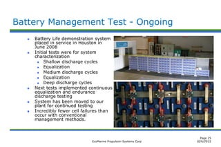 Battery Management Test - Ongoing
      Battery Life demonstration system
       placed in service in Houston in
       June 2008
      Initial tests were for system
       characterization
           Shallow discharge cycles
           Equalization
           Medium discharge cycles
           Equalization
           Deep discharge cycles
      Next tests implemented continuous
       equalization and endurance
       discharge testing
      System has been moved to our
       plant for continued testing
      Incredibly fewer cell failures than
       occur with conventional
       management methods.



                                                                      Page 25
                                EcoMarine Propulsion Systems Corp   10/6/2012
 