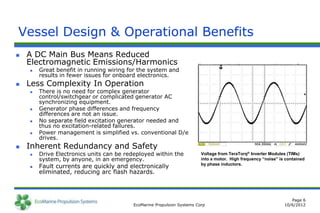 Vessel Design & Operational Benefits
   A DC Main Bus Means Reduced
    Electromagnetic Emissions/Harmonics
       Great benefit in running wiring for the system and
        results in fewer issues for onboard electronics.
   Less Complexity In Operation
       There is no need for complex generator
        control/switchgear or complicated generator AC
        synchronizing equipment.
       Generator phase differences and frequency
        differences are not an issue.
       No separate field excitation generator needed and
        thus no excitation-related failures.
       Power management is simplified vs. conventional D/e
        drives.
   Inherent Redundancy and Safety
       Drive Electronics units can be redeployed within the            Voltage from TeraTorq® Inverter Modules (TIMs)
        system, by anyone, in an emergency.                             into a motor. High frequency “noise” is contained
       Fault currents are quickly and electronically                   by phase inductors.
        eliminated, reducing arc flash hazards.



                                                                                                                  Page 6
                                         EcoMarine Propulsion Systems Corp                                     10/6/2012
 