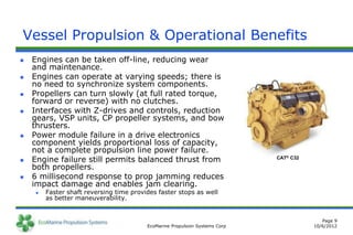 Vessel Propulsion & Operational Benefits
   Engines can be taken off-line, reducing wear
    and maintenance.
   Engines can operate at varying speeds; there is
    no need to synchronize system components.
   Propellers can turn slowly (at full rated torque,
    forward or reverse) with no clutches.
   Interfaces with Z-drives and controls, reduction
    gears, VSP units, CP propeller systems, and bow
    thrusters.
   Power module failure in a drive electronics
    component yields proportional loss of capacity,
    not a complete propulsion line power failure.
   Engine failure still permits balanced thrust from                         CAT® C32

    both propellers.
   6 millisecond response to prop jamming reduces
    impact damage and enables jam clearing.
        Faster shaft reversing time provides faster stops as well
         as better maneuverability.


                                                                                            Page 9
                                          EcoMarine Propulsion Systems Corp              10/6/2012
 