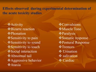 Effects observed during experimental determination of
the acute toxicity studies
Activity
Bizarre reaction
Phonation
Sensitivity to pain
Sensitivity to sound
Sensitivity to touch
Social interaction
Abnormal tail
Aggressive behavior
Ataxia
Convulsions
Muscle Tone
Paralysis
Somatic response
Postural Response
Tremors
 Urination
 salivation
 Cardiac
 