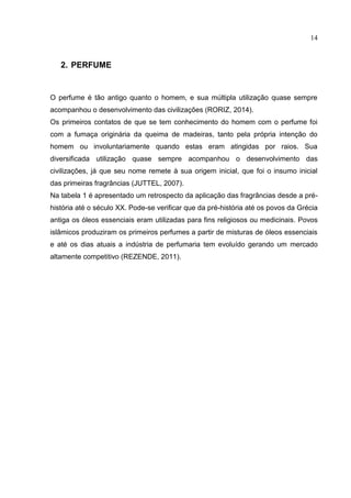 14
2. PERFUME
O perfume é tão antigo quanto o homem, e sua múltipla utilização quase sempre
acompanhou o desenvolvimento das civilizações (RORIZ, 2014).
Os primeiros contatos de que se tem conhecimento do homem com o perfume foi
com a fumaça originária da queima de madeiras, tanto pela própria intenção do
homem ou involuntariamente quando estas eram atingidas por raios. Sua
diversificada utilização quase sempre acompanhou o desenvolvimento das
civilizações, já que seu nome remete à sua origem inicial, que foi o insumo inicial
das primeiras fragrâncias (JUTTEL, 2007).
Na tabela 1 é apresentado um retrospecto da aplicação das fragrâncias desde a pré-
história até o século XX. Pode-se verificar que da pré-história até os povos da Grécia
antiga os óleos essenciais eram utilizadas para fins religiosos ou medicinais. Povos
islâmicos produziram os primeiros perfumes a partir de misturas de óleos essenciais
e até os dias atuais a indústria de perfumaria tem evoluído gerando um mercado
altamente competitivo (REZENDE, 2011).
 