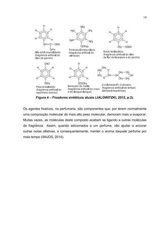 19
Figura 4 – Fixadores sintéticos atuais (JALOWITZKI, 2012, p.2).
Os agentes fixativos, na perfumaria, são componentes que, por terem normalmente
uma composição molecular de mais alto peso molecular, demoram mais a evaporar.
Muitas vezes, as moléculas deste composto acabam se ligando a outras moléculas
de fragrância. Assim, quando adicionados a um perfume, vão ajudar a ancorar
outras notas olfativas, e consequentemente, manter o aroma daquele perfume por
mais tempo (ANJOS, 2014).
 