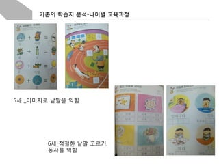기존의 학습지 분석-나이별 교육과정

5세 _이미지로 낱말을 익힘

6세_적절한 낱말 고르기,
동사를 익힘

 
