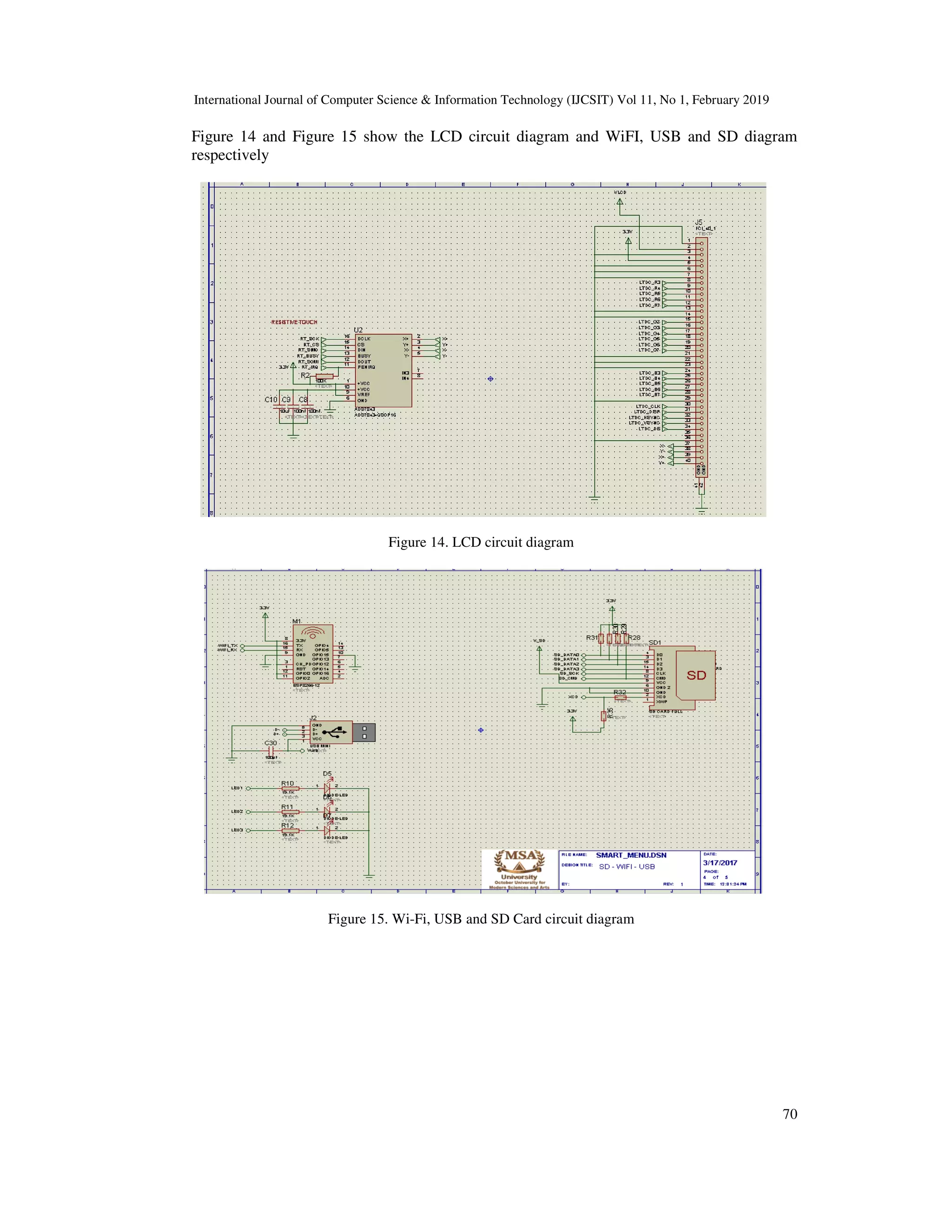 International Journal of Computer Science & Information Technology (IJCSIT) Vol 11, No 1, February 2019
70
Figure 14 and Figure 15 show the LCD circuit diagram and WiFI, USB and SD diagram
respectively
Figure 14. LCD circuit diagram
Figure 15. Wi-Fi, USB and SD Card circuit diagram
 
