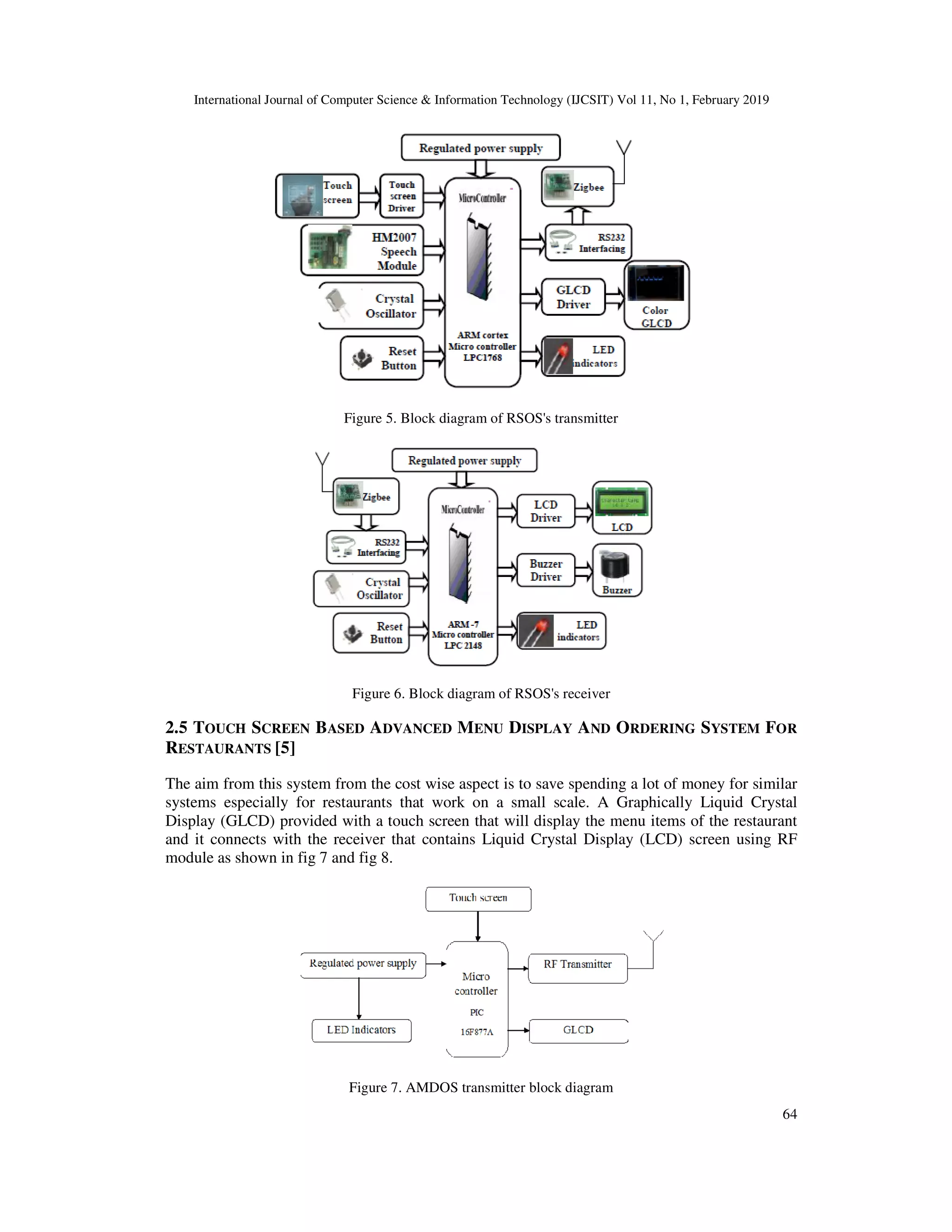 International Journal of Computer Science & Information Technology (IJCSIT) Vol 11, No 1, February 2019
64
Figure 5. Block diagram of RSOS's transmitter
Figure 6. Block diagram of RSOS's receiver
2.5 TOUCH SCREEN BASED ADVANCED MENU DISPLAY AND ORDERING SYSTEM FOR
RESTAURANTS [5]
The aim from this system from the cost wise aspect is to save spending a lot of money for similar
systems especially for restaurants that work on a small scale. A Graphically Liquid Crystal
Display (GLCD) provided with a touch screen that will display the menu items of the restaurant
and it connects with the receiver that contains Liquid Crystal Display (LCD) screen using RF
module as shown in fig 7 and fig 8.
Figure 7. AMDOS transmitter block diagram
 