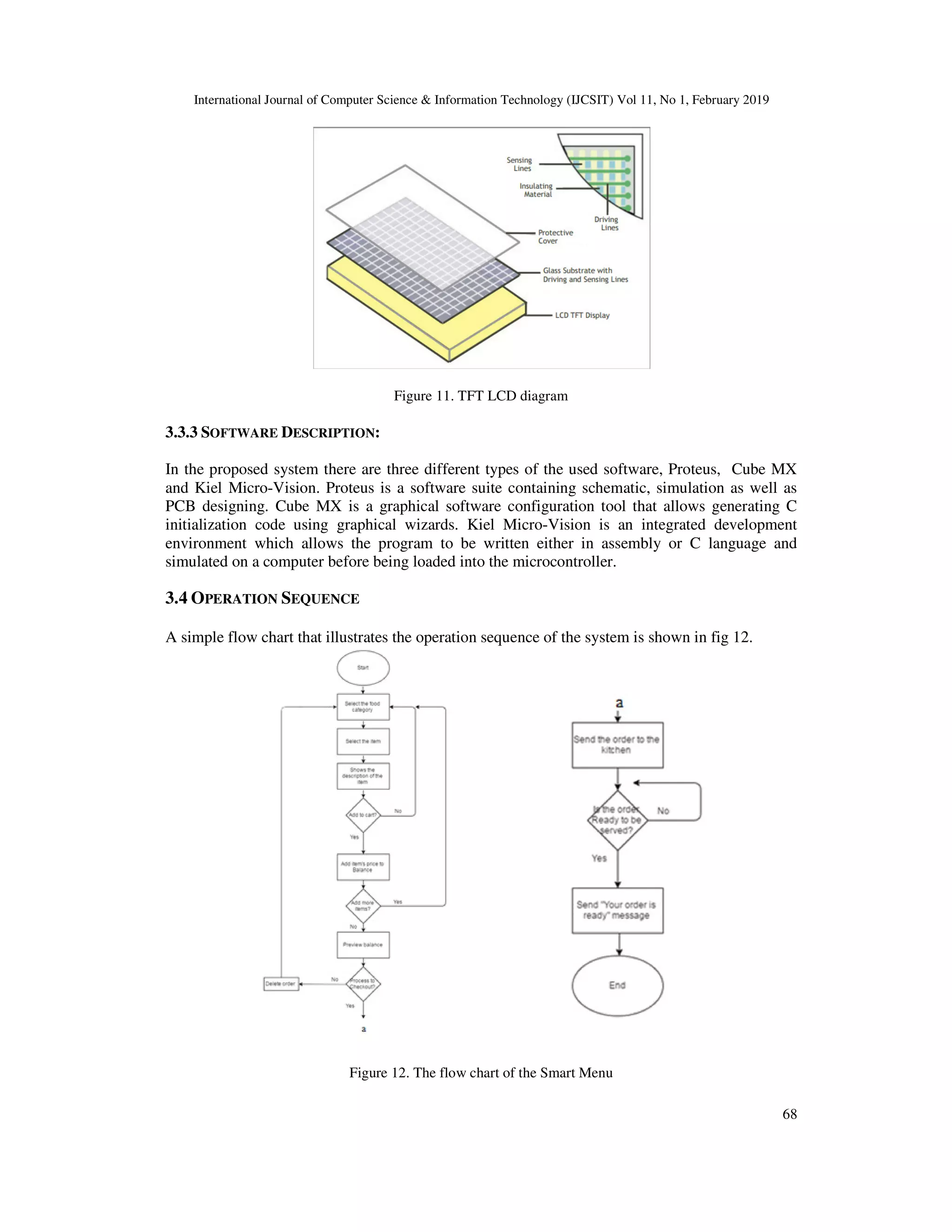 International Journal of Computer Science & Information Technology (IJCSIT) Vol 11, No 1, February 2019
68
Figure 11. TFT LCD diagram
3.3.3 SOFTWARE DESCRIPTION:
In the proposed system there are three different types of the used software, Proteus, Cube MX
and Kiel Micro-Vision. Proteus is a software suite containing schematic, simulation as well as
PCB designing. Cube MX is a graphical software configuration tool that allows generating C
initialization code using graphical wizards. Kiel Micro-Vision is an integrated development
environment which allows the program to be written either in assembly or C language and
simulated on a computer before being loaded into the microcontroller.
3.4 OPERATION SEQUENCE
A simple flow chart that illustrates the operation sequence of the system is shown in fig 12.
Figure 12. The flow chart of the Smart Menu
 