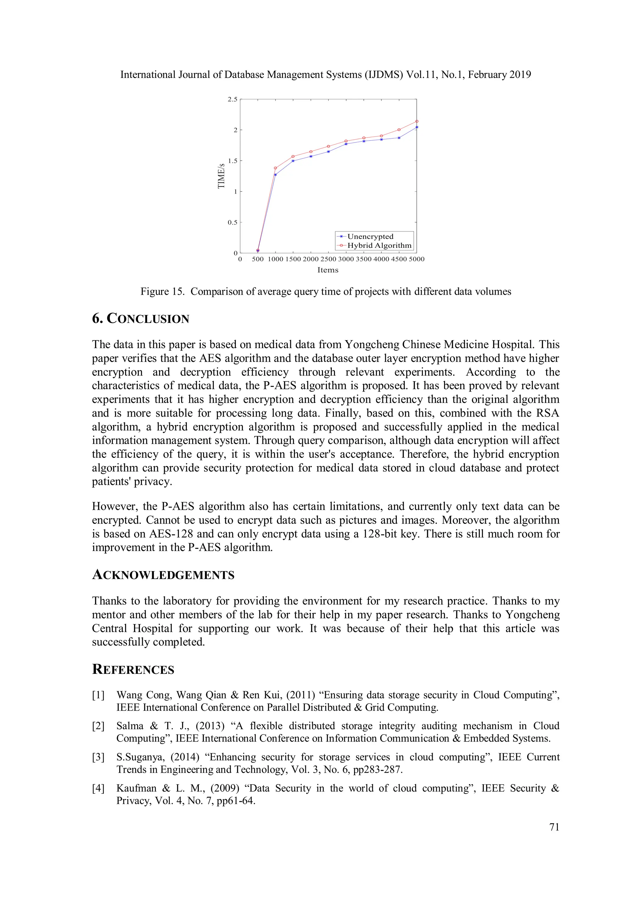 International Journal of Database Management Systems (IJDMS) Vol.11, No.1, February 2019 71 Figure 15. Comparison of average query time of projects with different data volumes 6. CONCLUSION The data in this paper is based on medical data from Yongcheng Chinese Medicine Hospital. This paper verifies that the AES algorithm and the database outer layer encryption method have higher encryption and decryption efficiency through relevant experiments. According to the characteristics of medical data, the P-AES algorithm is proposed. It has been proved by relevant experiments that it has higher encryption and decryption efficiency than the original algorithm and is more suitable for processing long data. Finally, based on this, combined with the RSA algorithm, a hybrid encryption algorithm is proposed and successfully applied in the medical information management system. Through query comparison, although data encryption will affect the efficiency of the query, it is within the user's acceptance. Therefore, the hybrid encryption algorithm can provide security protection for medical data stored in cloud database and protect patients' privacy. However, the P-AES algorithm also has certain limitations, and currently only text data can be encrypted. Cannot be used to encrypt data such as pictures and images. Moreover, the algorithm is based on AES-128 and can only encrypt data using a 128-bit key. There is still much room for improvement in the P-AES algorithm. ACKNOWLEDGEMENTS Thanks to the laboratory for providing the environment for my research practice. Thanks to my mentor and other members of the lab for their help in my paper research. Thanks to Yongcheng Central Hospital for supporting our work. It was because of their help that this article was successfully completed. REFERENCES [1] Wang Cong, Wang Qian & Ren Kui, (2011) “Ensuring data storage security in Cloud Computing”, IEEE International Conference on Parallel Distributed & Grid Computing. [2] Salma & T. J., (2013) “A flexible distributed storage integrity auditing mechanism in Cloud Computing”, IEEE International Conference on Information Communication & Embedded Systems. [3] S.Suganya, (2014) “Enhancing security for storage services in cloud computing”, IEEE Current Trends in Engineering and Technology, Vol. 3, No. 6, pp283-287. [4] Kaufman & L. M., (2009) “Data Security in the world of cloud computing”, IEEE Security & Privacy, Vol. 4, No. 7, pp61-64. 