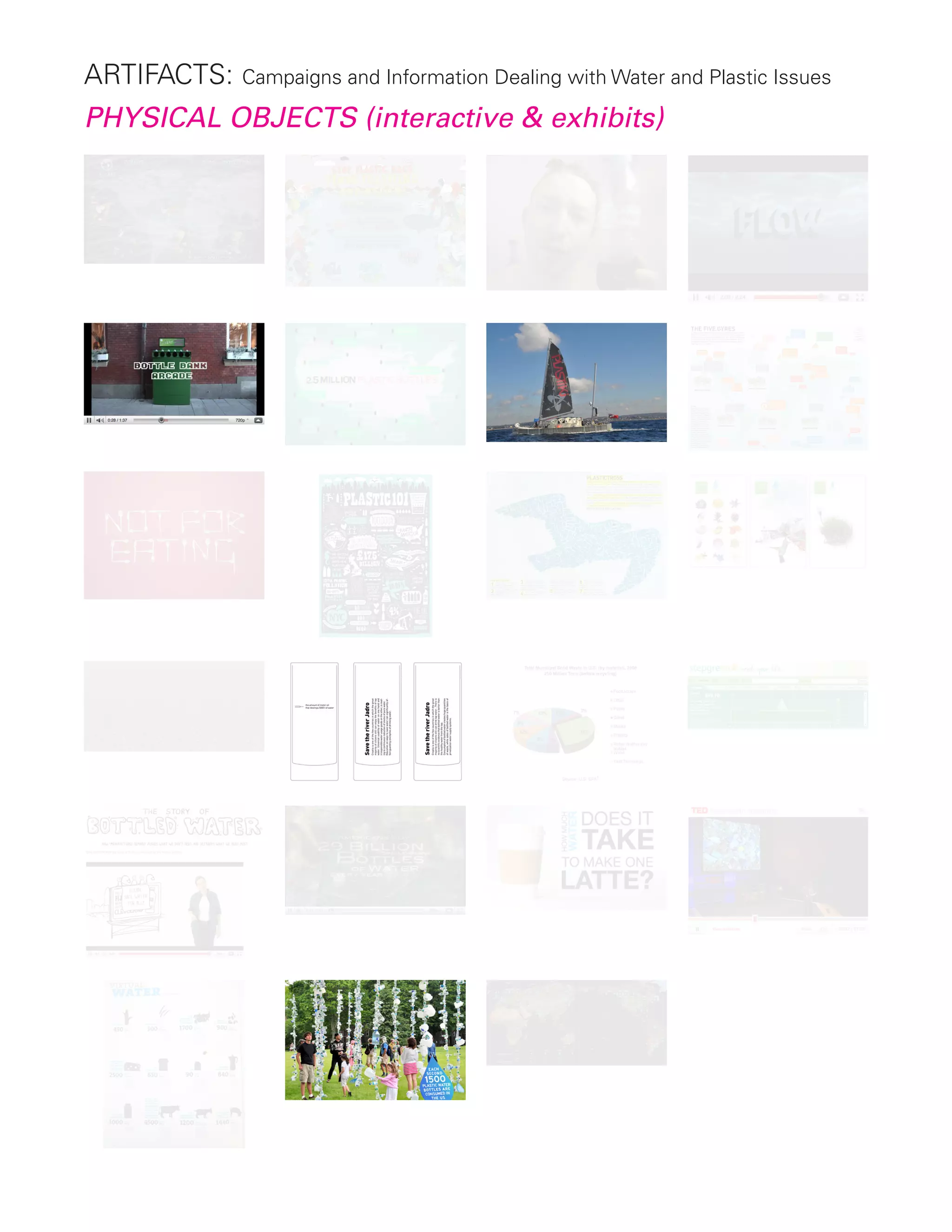 Artifacts: Campaigns and Information Dealing with Water and Plastic Issues
PHYSICAL OBJECTS (interactive & exhibits)
 