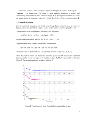 International Journal of Control Theory and Computer Modelling (IJCTCM) Vol.1, No.1, July 2011
6
Theorem 1. The hyperchaotic Cai system (5) with unknown parameters is globally and
exponentially stabilized for all initial conditions 4
(0)x R∈ by the adaptive control law (6), where
the update law for the parameters is given by (13) and , ( 1, ,10)ik i = K are positive constants.
2.2 Numerical Results
For the numerical simulations, the fourth order Runge-Kutta method is used to solve the
hyperchaotic system (5) with the adaptive control law (6) and the parameter update law (13).
The parameters of the hyperchaotic Cai system (5) are selected as
27.5, 3, 19.3, 2.9a b c r= = = = and 3.3.s =
For the adaptive and update laws, we take 2, ( 1,2, ,9).ik i= = K
Suppose that the initial values of the estimated parameters are
ˆˆ ˆ ˆ(0) 8, (0) 9, (0) 5, (0) 7a b c r= = = = and ˆ(0) 10.s =
The initial values of the hyperchaotic Cai system (5) are taken as (0) (12,8,20,32).x =
When the adaptive control law (6) and the parameter update law (13) are used, the controlled
hyperchaotic Cai system converges to the equilibrium 0 (0,0,0,0)E = exponentially as shown in
Figure 2. The parameter estimates are shown in Figure 3.
Figure 2. Time Responses of the Controlled Hyperchaotic Cai System
 