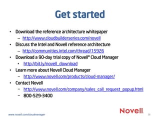 Get started
• Download the reference architecture whitepaper
– http://www.cloudbuilderseries.com/novell
• Discuss the Intel and Novell reference architecture
– http://communities.intel.com/thread/15926
• Download a 90-day trial copy of Novell® Cloud Manager
• http://bit.ly/novell_download
• Learn more about Novell Cloud Manager
− http://www.novell.com/products/cloud-manager/
• Contact Novell
− http://www.novell.com/company/sales_call_request_popup.html
− 800-529-3400
38www.novell.com/cloudmanager
 