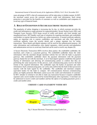 International Journal of Network Security & Its Applications (IJNSA), Vol.3, No.6, November 2011
93
main advantage of SET is that all communication will be taken place in hidden manner. In SET,
the merchant cannot access the customer sensitive credit card information. Such strong
protection is provided for the benefits of customers as well as credit/debit card companies to
avoid any type of financial frauds.
3. ROLE OF ENCRYPTION IN SECURE ELECTRONIC TRANSACTION
The popularity of online shopping is increasing day by day, in which customer provides the
credit card information to make payment for requested product. Secure Socket Layer (SSL) and
Transport Layer Security (TLS) keeps record of credit card details safe from intruder and
unauthorized users. SET handles such type of situations by requiring merchants and credit/debit
card holders to register themselves before any online transaction. A trusted certificate authority
makes an important role to register cardholders and merchants and after final approval
certificate authority issues the security details and a unique signature key for online
transactions. These details and digital signature will be used for the authentication purpose. All
order information and confirmations carry digital signatures, which provide non-repudiation
and authentication services to avoid any fraud and can be used to resolve any dispute [6].
A Secure Electronic Transaction (SET) involves three parties: the credit/debit cardholder, the
merchant, and a bank as a payment gateway. The credit/debit cardholder shares the order
information with the merchant though merchant website but not with the bank (a payment
gateway). But credit/debit cardholder shares the payment information with the payment
gateway (bank) but not with the merchant. A set of dual digital signature establishes this partial
sharing of information and allowing all communicating parties to confirm that they are
performing the same transaction. In this process, each communicating party receives the hash
format of the required information. The cardholder signs the hashes of payment and order
information. Each communicating party can verify and confirm that the hash in their possession
matches with the hash signed by the cardholder. The cardholder and merchant compute
equivalent hashes for the bank to compare. All communications between communicating
parties are highly protected. Merchants cannot access the credit card information of customer.
In SET, intruder or criminal is not able to make any transaction because it requires cardholder
signature and a secret number received by trusted third party after registration. A merchant can
be authorized to receive credit card numbers and has the option of accepting payments given a
credit card number alone.
Fig 3: Secure Electronic Transaction using Credit Cart
 