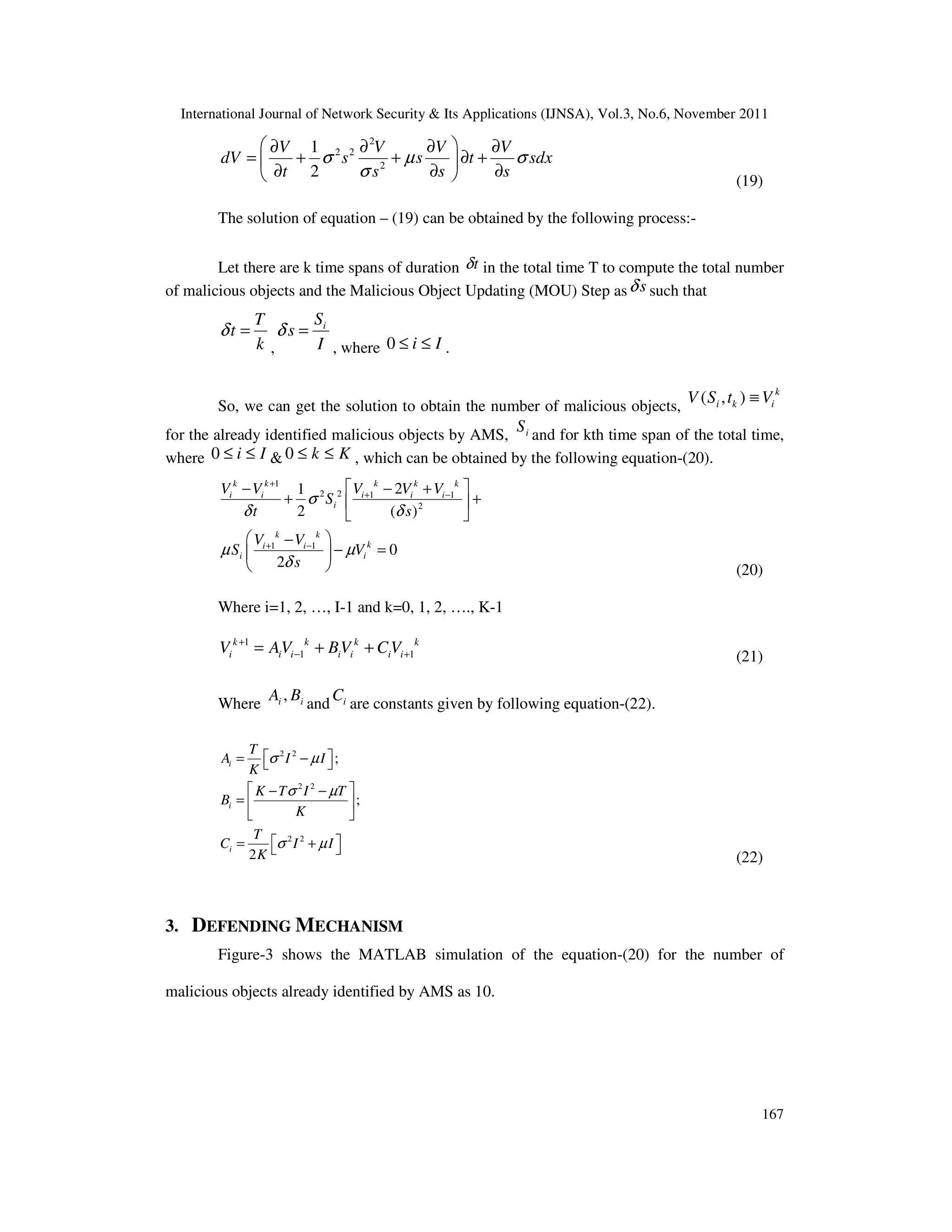 International Journal of Network Security & Its Applications (IJNSA), Vol.3, No.6, November 2011
167
2
2 2
2
1
2
V V V V
dV s s t sdx
t s s s
σ µ σ
σ
 ∂ ∂ ∂ ∂
= + + ∂ + 
∂ ∂ ∂  (19)
The solution of equation – (19) can be obtained by the following process:-
Let there are k time spans of duration tδ in the total time T to compute the total number
of malicious objects and the Malicious Object Updating (MOU) Step as sδ such that
T
t
k
δ =
,
iS
s
I
δ =
, where 0 i I≤ ≤ .
So, we can get the solution to obtain the number of malicious objects,
( , ) k
i k iV S t V≡
for the already identified malicious objects by AMS, iS
and for kth time span of the total time,
where 0 i I≤ ≤ & 0 k K≤ ≤ , which can be obtained by the following equation-(20).
1
2 2 1 1
2
1 1
21
2 ( )
0
2
k k k k k
i i i i i
i
k k
ki i
i i
V V V V V
S
t s
V V
S V
s
σ
δ δ
µ µ
δ
+
+ −
+ −
 − − +
+ + 
 
 −
− = 
  (20)
Where i=1, 2, …, I-1 and k=0, 1, 2, …., K-1
1
1 1
k k k k
i i i i i i iV AV BV CV+
− += + + (21)
Where
,i iA B
and iC
are constants given by following equation-(22).
2 2
2 2
2 2
;
;
2
i
i
i
T
A I I
K
K T I T
B
K
T
C I I
K
σ µ
σ µ
σ µ
 = − 
 − −
=  
 
 = + 
(22)
3. DEFENDING MECHANISM
Figure-3 shows the MATLAB simulation of the equation-(20) for the number of
malicious objects already identified by AMS as 10.
 