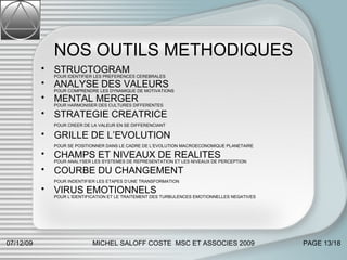 NOS OUTILS METHODIQUES STRUCTOGRAM  POUR IDENTIFIER LES PREFERENCES CEREBRALES ANALYSE DES VALEURS  POUR COMPRENDRE LES DYNAMIQUE DE MOTIVATIONS MENTAL MERGER  POUR HARMONISER DES CULTURES DIFFERENTES STRATEGIE CREATRICE POUR CREER DE LA VALEUR EN SE DIFFERENCIANT   GRILLE DE L’EVOLUTION POUR SE POSITIONNER DANS LE CADRE DE L’EVOLUTION MACROECONOMIQUE PLANETAIRE   CHAMPS ET NIVEAUX DE REALITES POUR ANALYSER LES SYSTEMES DE REPRESENTATION ET LES NIVEAUX DE PERCEPTION COURBE DU CHANGEMENT POUR INDENTIFIER LES ETAPES D’UNE TRANSFORMATION   VIRUS EMOTIONNELS  POUR L’IDENTIFICATION ET LE TRAITEMENT DES TURBULENCES EMOTIONNELLES NEGATIVES 07/06/09 MICHEL SALOFF COSTE  MSC ET ASSOCIES 2009 PAGE  /18 