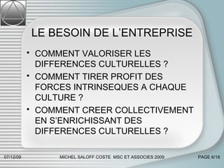 LE BESOIN DE L’ENTREPRISE COMMENT VALORISER LES DIFFERENCES CULTURELLES ? COMMENT TIRER PROFIT DES FORCES INTRINSEQUES A CHAQUE CULTURE ? COMMENT CREER COLLECTIVEMENT EN S’ENRICHISSANT DES DIFFERENCES CULTURELLES ? 07/06/09 MICHEL SALOFF COSTE  MSC ET ASSOCIES 2009 PAGE  /18 